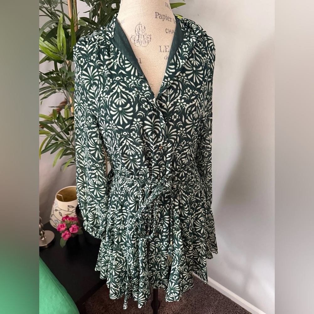 Zara green floral belted long sleeve mini dress maroon full skirt - Picture 2 of 13